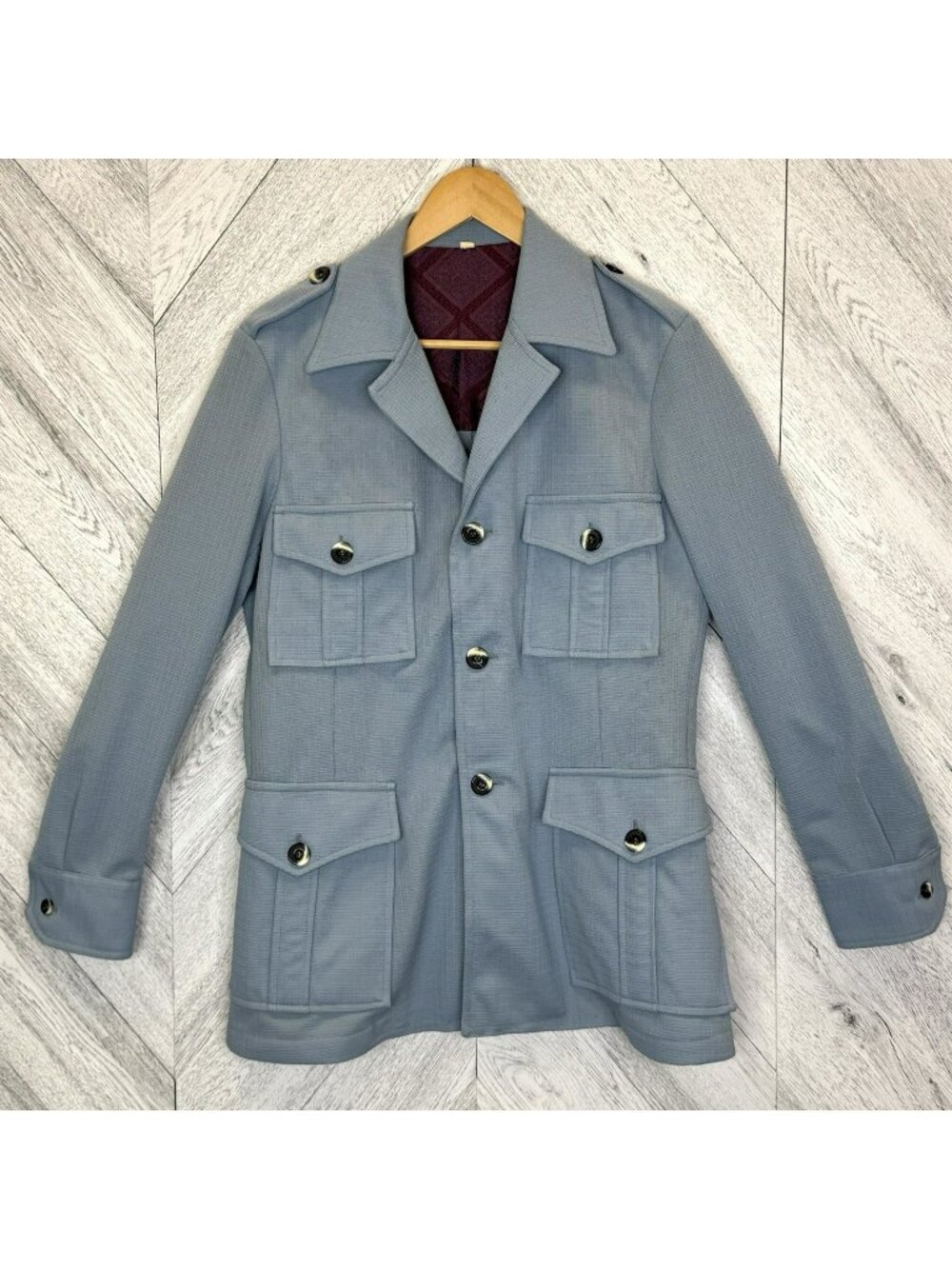 Vintage 70's Mens 40R Safari Jacket Leisure Blazer Polyester 4 Pocket Disco Blue